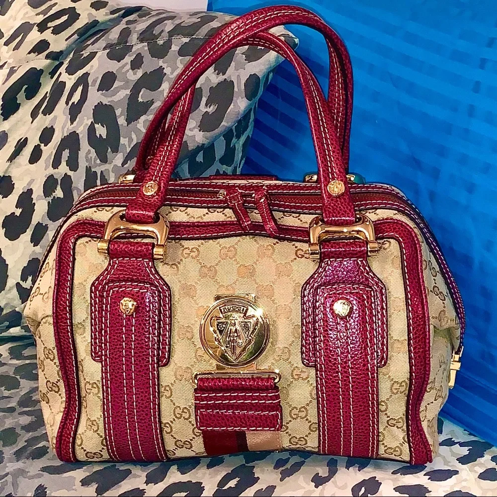 Classic Satchel Red Leather Trim & Beige Canvas